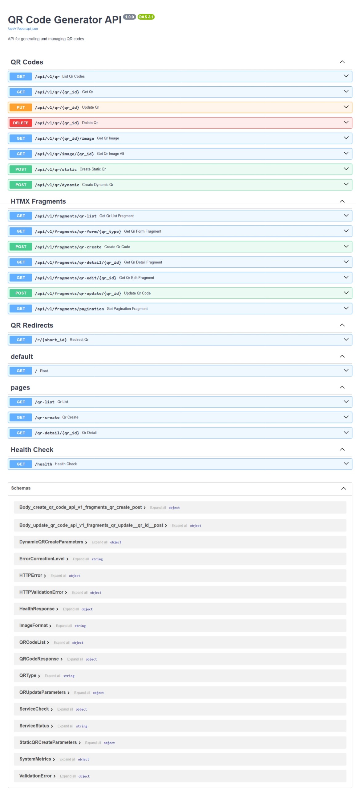 Screenshot of the Swagger UI showing the interactive API documentation for the QR Code Generator API